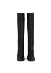 Knee-high black leather boots with a smooth texture, square toes, and a fitted design, featuring subtle stitching along the sides.