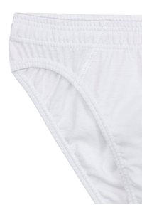 Weiße Baumwollslips mit glatter Textur, elastischem Taillenbund und genähten Nähten. Dieses Modell verfügt über einen klassischen Schnitt.