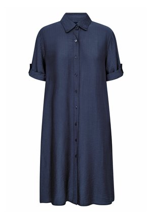 Tamnoplava haljina košulja s kratkim rukavima, kopčana sprijeda na gumbe, s klasičnim ovratnikom i zavrnutim manžetama na rukavima. Glatka, lagana tkanina s blagim sjajem.