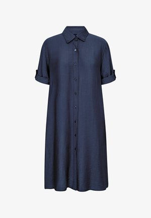 Tmavě modré košilové šaty s krátkými rukávy, zapínáním na knoflíky vpředu, klasickým límečkem a ohrnutými manžetami rukávů. Hladká, lehká látka s mírným leskem.