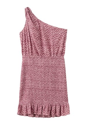 Vestido rosa sin mangas con estampado, una tira en el hombro, cintura elástica y bajo con volantes.