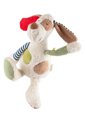 Plüsch-Hundespielzeug mit weißen, braunen, roten, grünen und blauen gestreiften Flecken, einem hängenden Ohr und einem erhobenen Bein.