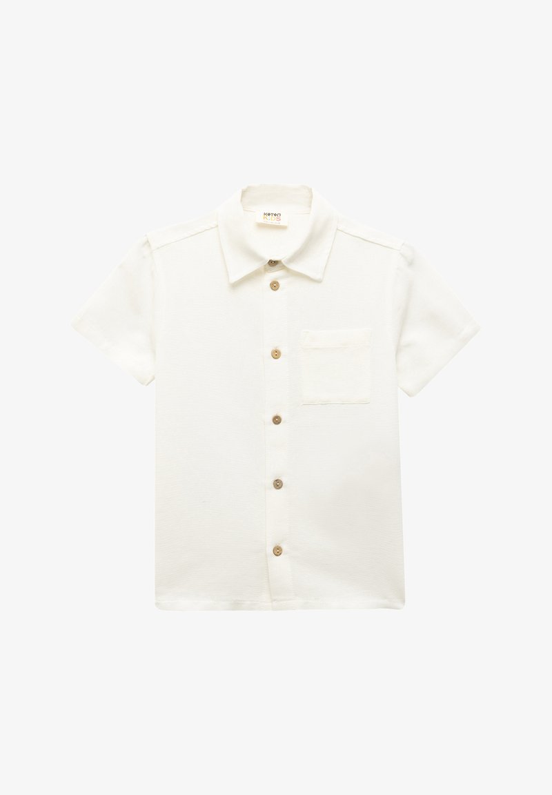 Korte mouw witte shirt, van katoen, met knoopsluiting, één borstzak, bruine knopen, gestructureerde afwerking.