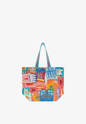 Tote bag met kleurrijke illustraties van sardineblikjes en blauw-oranje gestreepte hengsels op een witte achtergrond.