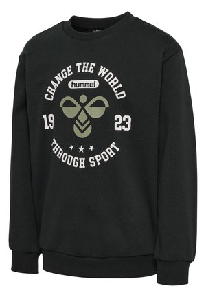 Schwarzes Sweatshirt aus Baumwollmischung, mit Rundhalsausschnitt, langen Ärmeln und grafischem Text sowie Logo in Weiß und Olivgrün auf der Vorderseite.