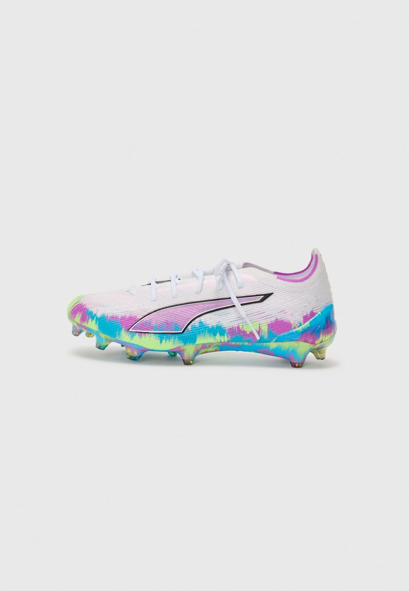 Football boot with a lightweight white upper featuring vibrant pink, blue, and green wave patterns, black accents, and molded studs.