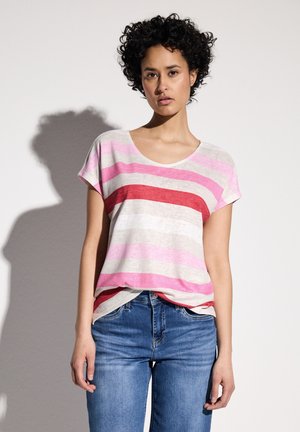 T-shirt rayé en tissu léger. Caractéristiques de rayures horizontales roses, rouges et beiges. Conception en V avec des manches courtes et une coupe décontractée.