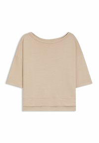 Jasnobeżowa bluzka z krótkim rękawem wykonana z materiału prążkowanego. Luźny krój z szerokim dekoltem i prostym wykończeniem. Gładka tekstura z minimalnymi detalami.