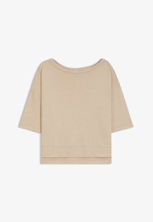 Licht beige short-sleeve top gemaakt van ribgebreid stof. Relaxte pasvorm met een brede halslijn en rechte zoom. Glad textuur met minimale details.