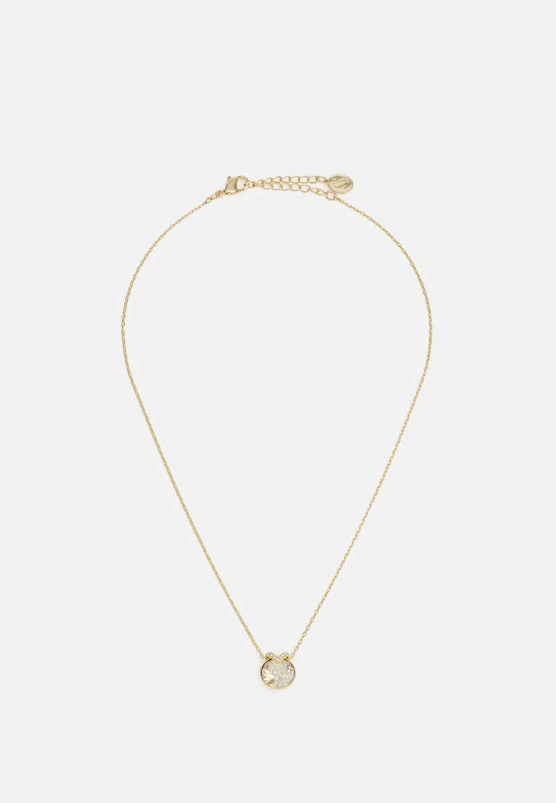 Gold-tone necklace with a delicate chain and a round clear crystal pendant, featuring a subtle clasp and adjustable length.