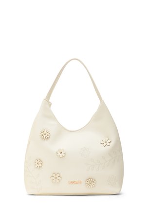 Borsa di colore crema con manico, decorata con piccole applicazioni floreali e ricamo sottile a foglia, con logo del marchio dorato.