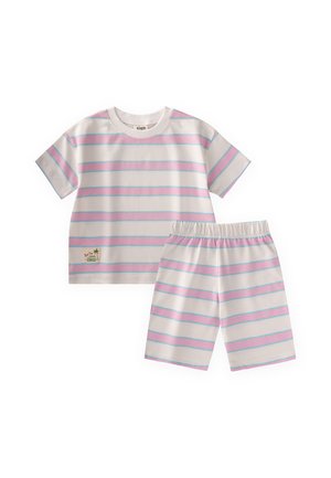 Kurzarmhemd und Shorts-Set mit weißen, pinken und blauen horizontalen Streifen, mit elastischem Bund an den Shorts.