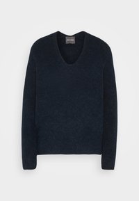 Pull bleu marine foncé à manches longues avec un col en V et un tissu doux et texturé, présenté sur un fond blanc uni.