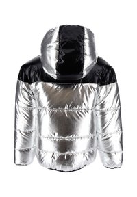 Silver puffer jacket with a black hood and shoulders. Features a glossy finish, quilted texture, and elastic cuffs.