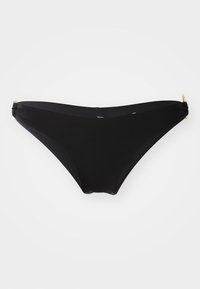 Black bikini bottom featuring a smooth texture, low-rise design, and gold hardware accents on the sides. Simple and minimalistic style.