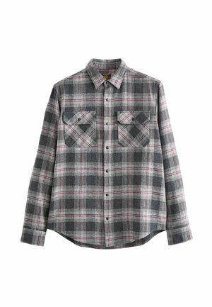Gray plaid flannel shirt with a button-down collar, long sleeves, two chest pockets, and red and black accents on a soft texture.