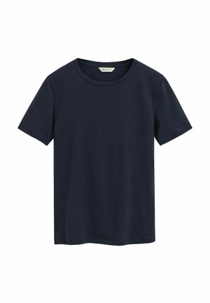 Marineblaue Baumwoll-T-Shirt mit kurzen Ärmeln, Rundhals und glattem Material. Verfügt über ein kleines Logo am linken Ärmel.