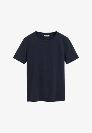 Navyblauwe katoenen T-shirt met korte mouwen, ronde hals en een gladde textuur. Heeft een klein logo op de linkermouw.