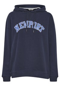 Felpa blu navy con stampa "NEWPORT" in bianco e azzurro chiaro, con coulisse e polsini e orlo a costine, realizzata in tessuto morbido.