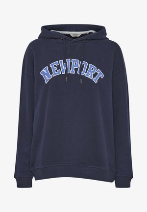 Navy blue hoodie featuring a white and light blue "NEWPORT" print, drawstrings, and ribbed cuffs and hem, crafted from soft fabric.