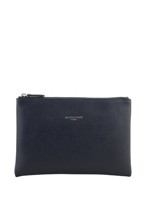 Pochette zippée en cuir noir texturé avec petit logo argenté « Pourchet 1903 » centré sur le devant.
