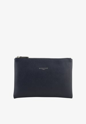 Pochette zippée en cuir noir texturé avec petit logo argenté « Pourchet 1903 » centré sur le devant.