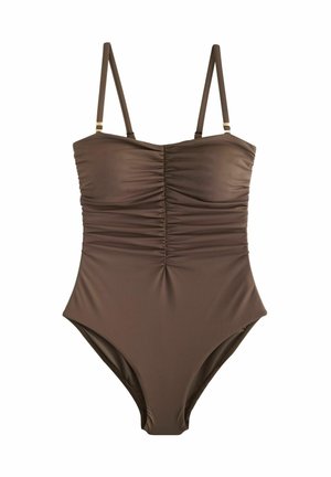 Maillot de bain une pièce brun avec bretelles réglables, détails froncés à l'avant, jambes hautes et tissu lisse et extensible.
