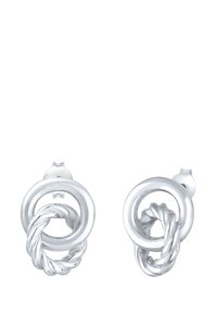 Sølvøreringe med sammenflettede cirkulære og snoede designs, poleret overflade med en glat tekstur, sikret med stud-bags.