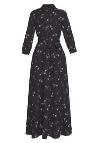 Svart blommig maxiklänning med långa ärmar, knappfront, krage och matchande bälte. Har små rosa och lila blommönster.