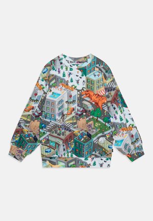 Felpa con stampa di un paesaggio urbano colorato che presenta edifici, strade, persone in miniatura, alberi, una piscina, un T-Rex e pendii innevati per lo sci.