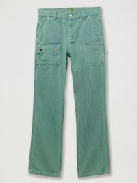 Green striped pants made of sturdy fabric, featuring two front pockets and two side pockets with snap closures. Straight leg design.