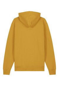 Geel pullover hoodie met een kangoeroezak, ribgebreide manchetten en een gestructureerde stof. De achterkant toont een gecentreerde capuchon en een minimalistisch ontwerp.