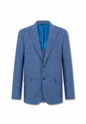 Niebieska męska marynarka z klapami z wycięciem, dwoma czarnymi przednimi guzikami, kieszeniami z patkami i gładką podszewką.