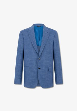 Blauwe herenblazer met notched revers, twee zwarte knopen aan de voorkant, klepzakken en een gladde voering.
