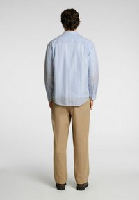 Camicia a righe blu e bianche, con polsini allacciati e orlo dritto, indossata con pantaloni beige. Tessuto liscio con dettagli di motivo sottili.