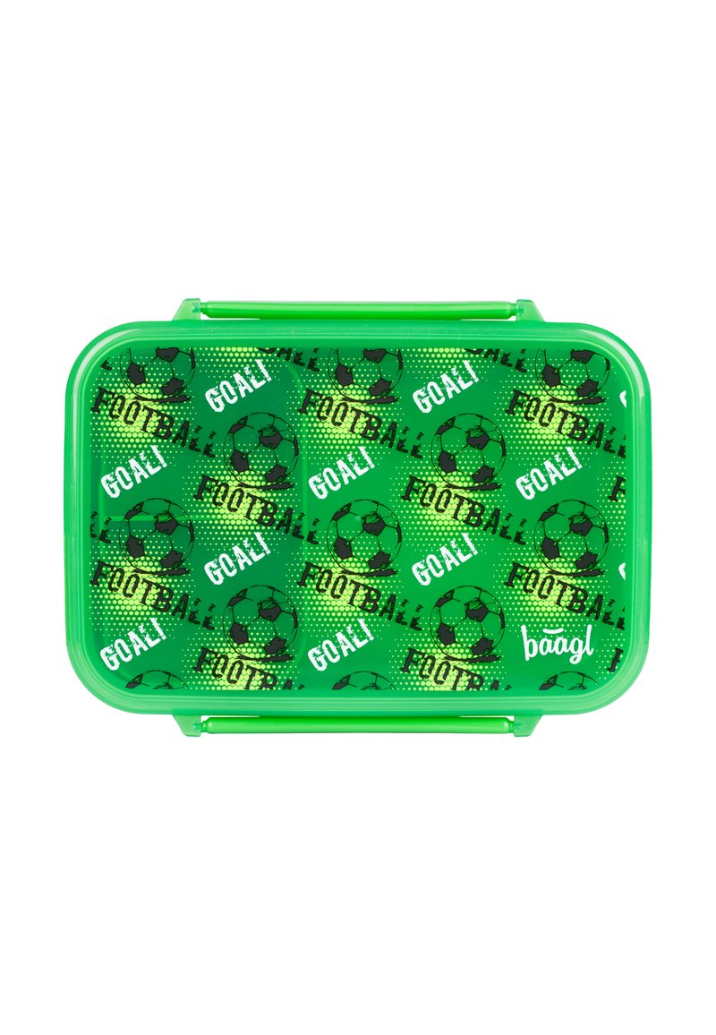 Zielona prostokątna torba na lunch wykonana z plastiku, z wzorem piłki nożnej i napisem "GOAL" w czerni i bieli na jasnym zielonym tle.