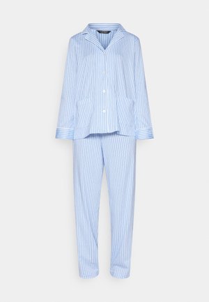 Hele sinine puuvillane öösärk komplekt valgete vertikaalsete triipudega, millel on kraega nööpidega särk kahe taskuga ja sobivad kitsad püksid.