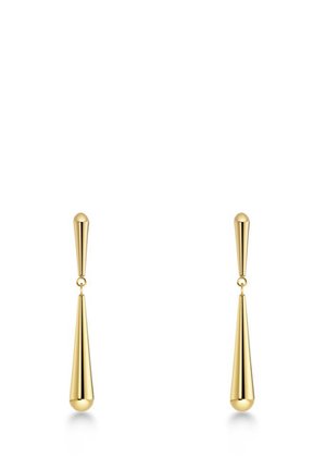Gold drop earrings featuring a tapered design with a rounded tip, showcasing a smooth metallic texture and shiny finish.