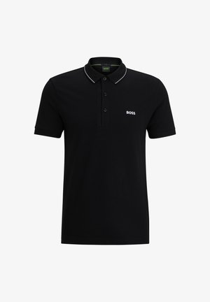 Must mustama polo särk, mis on valmistatud puuvillast, ribaga kraega, millel on valge äär, kolme nupuga läbilõige ja valge "BOSS" logo rinnal.