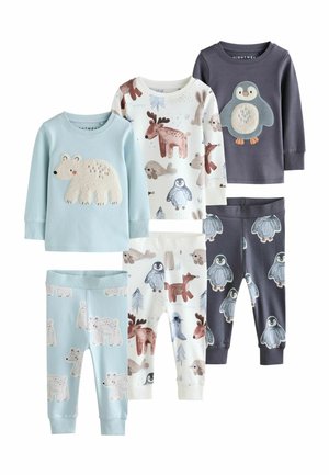 Set of children’s pajamas with animal designs. Includes light blue and dark gray tops with bear and penguin appliqués. Patterns feature various woodland animals.