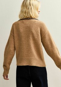 Maglione marrone lavorato a maglia con maniche lunghe, orlo a coste e design leggermente cropped. Texture morbida e stile minimalista senza decorazioni.