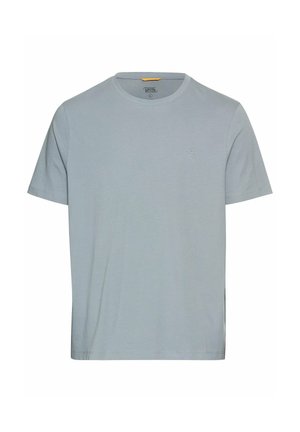 Hellblaues Baumwoll-T-Shirt mit Rundhalsausschnitt, kurzen Ärmeln und kleinem Logo auf der linken Brust; glatte Textur und standardmäßige Passform.