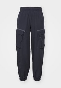 Czarne spodnie typu cargo z elastycznym pasem, dwoma dużymi bocznymi kieszeniami, ściągaczami na nogawkach oraz miękkim, teksturowanym materiałem.