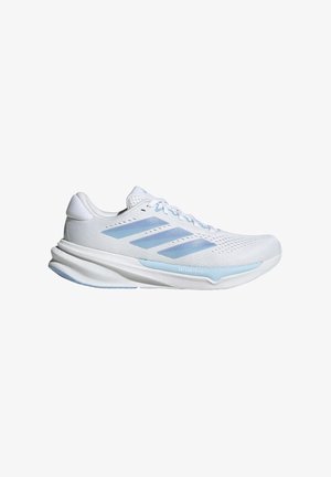 White running shoes with light blue accents, breathable mesh upper, three-stripe design, cushioned sole, and textured traction outsole.
