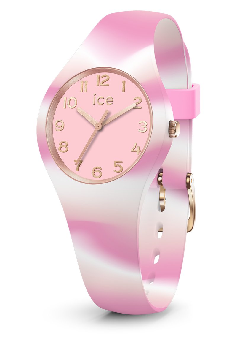 Reloj de silicona rosa con un diseño degradado. Carátula redonda, dial rosa, marcadores de hora y manecillas doradas. Correa ajustable con herrajes dorados.