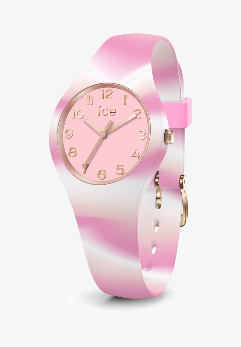 Rožinė silikono laikrodžio su gradientiniu dizainu. Apvalus ciferblatas, rožinė ciferblato spalva, auksiniai valandų žymekliai ir rodyklės. Reguliuojama apyrankė su auksinės spalvos detalėmis.