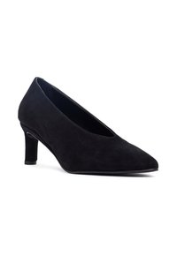 Chaussure à talon haut en suède noir avec un bout pointu et un talon bloc de 6,5 cm. Texture lisse et design minimaliste sans matériel visible.