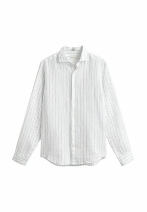 Witte blouse met lange mouwen, knoopsluiting, dunne verticale blauwe strepen, puntige kraag en afgeronde zoom.