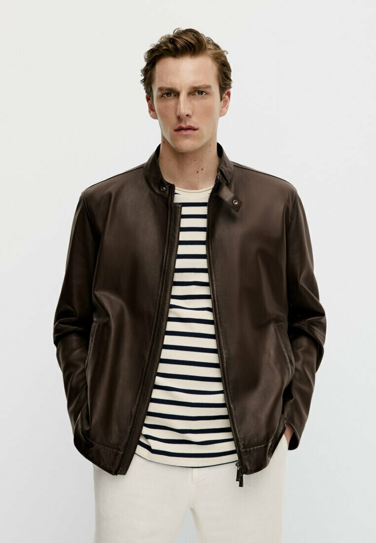 Massimo Dutti Leather Jacket, Men's, Size: XXL, Dark Brown