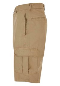 Shorts cargo beiges en coton, avec une poche latérale, des poches avant et arrière, et une texture lisse avec des coutures.
